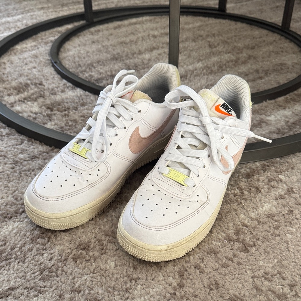 Nike White and Light Pink Air Force 1 Sneakers